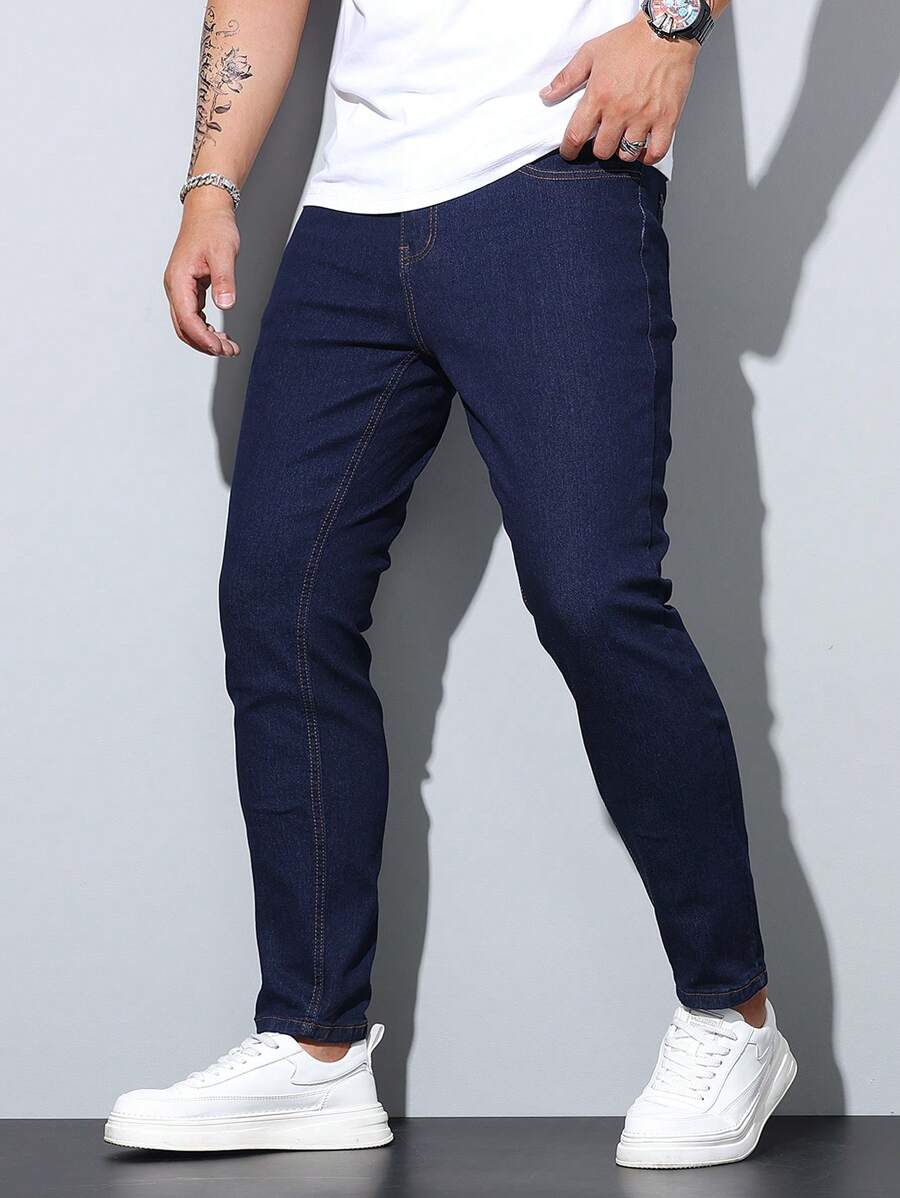 1 pieza Jeans de ajuste ceñido y elástico para hombres, pantalones casuales estilo coreano ajustados