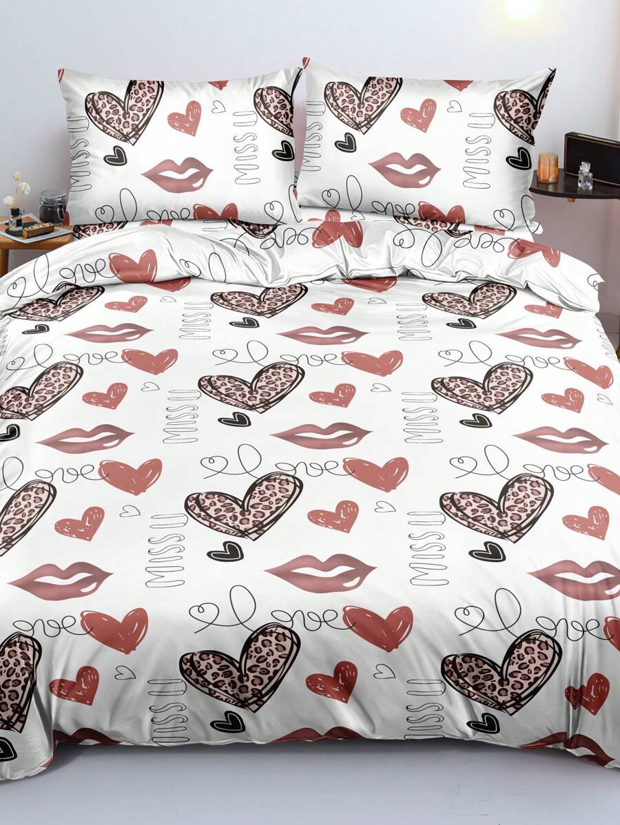 3pcs Set Minimalist Brushed Leopard & Heart Print Duvet Cover Set (1 Duvet Cover + 2 Pillowcases, Without Insert), Soft & Comfortable, Machine Washable, Suitable For Bedroom, Dorm, Hotel, Bedding Decor