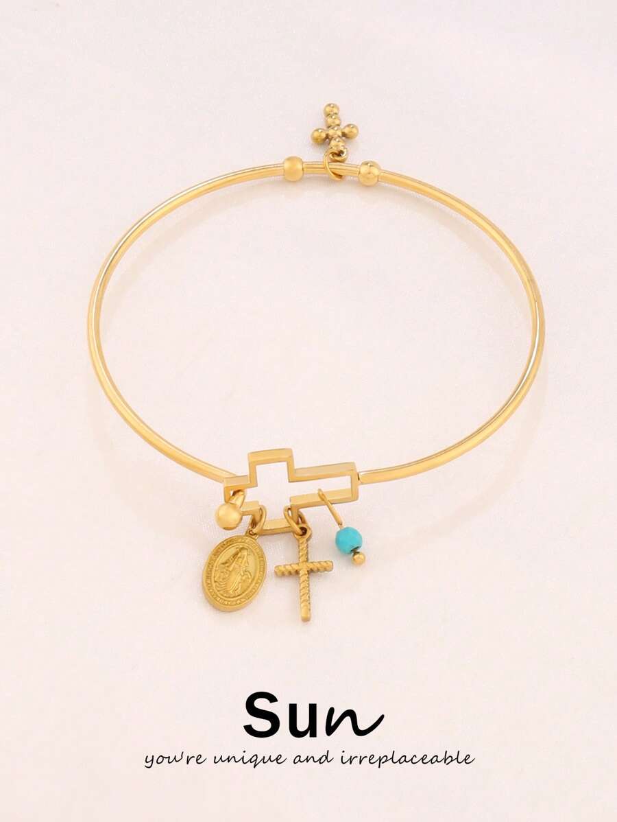 1 pieza Pulsera de acero inoxidable con colgante de Virgen María, pulsera abierta con dijes de cruz turquesa, joyería