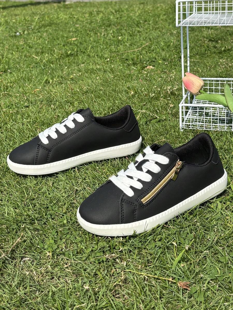 1 Pair Boys/Girls PU Leather Lace-Up Side Zipper Classic Student Shoes, Thick Sole Anti-Slip Durable Soft Bottom Casual Sneakers, Suitable For All Seasons
