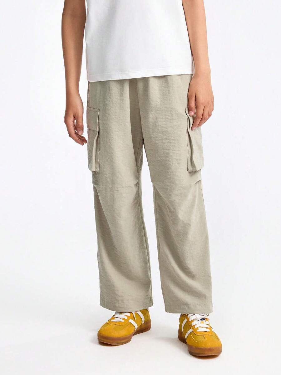 Annil Ropa para niños, niñas y niños de edad media y mayor, pantalones tejidos de cintura completa, estilo de ropa de trabajo, pantalones paracaidistas, para verano