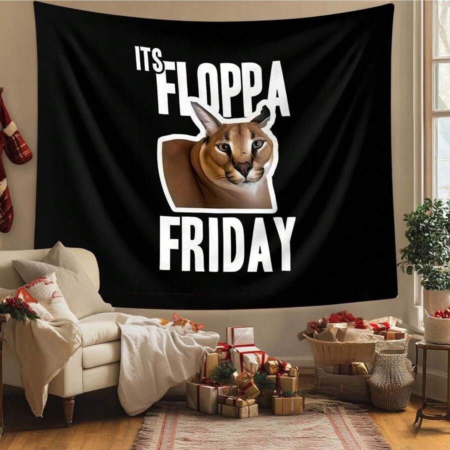 Polyester Comfortable Novelty Floppa Theme Wall Hanging Tapestry, Ideal For Animal Lovers, Unique And Interesting Decorative Accent, Suitable For Living Room, Dorm Decoration, Vibrant Printed, Great Conversation Starter With Friends And Family, Fashionable Home Decor