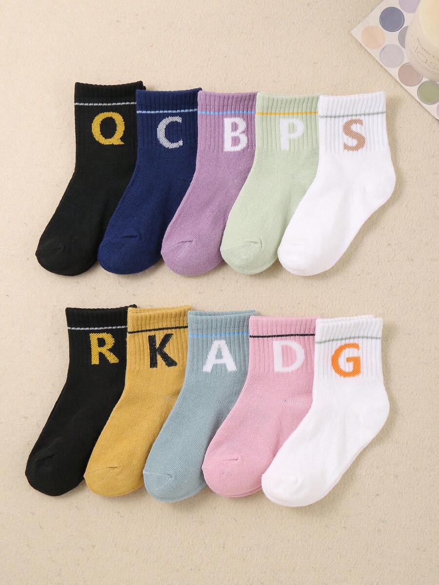 10 paia di calzini a righe a lettere con colori macaron per bambini, adatti per uso quotidiano e sport, confortevoli e traspiranti, versatili e casual, calzini da scuola per bambini e adolescenti