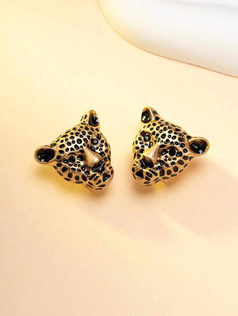 1 Paar übertriebene Leopardenkopf-Ohrringe, orientalisch-inspirierte Tier-Ohrringe, vintage goldene Leoparden-Ohrringe