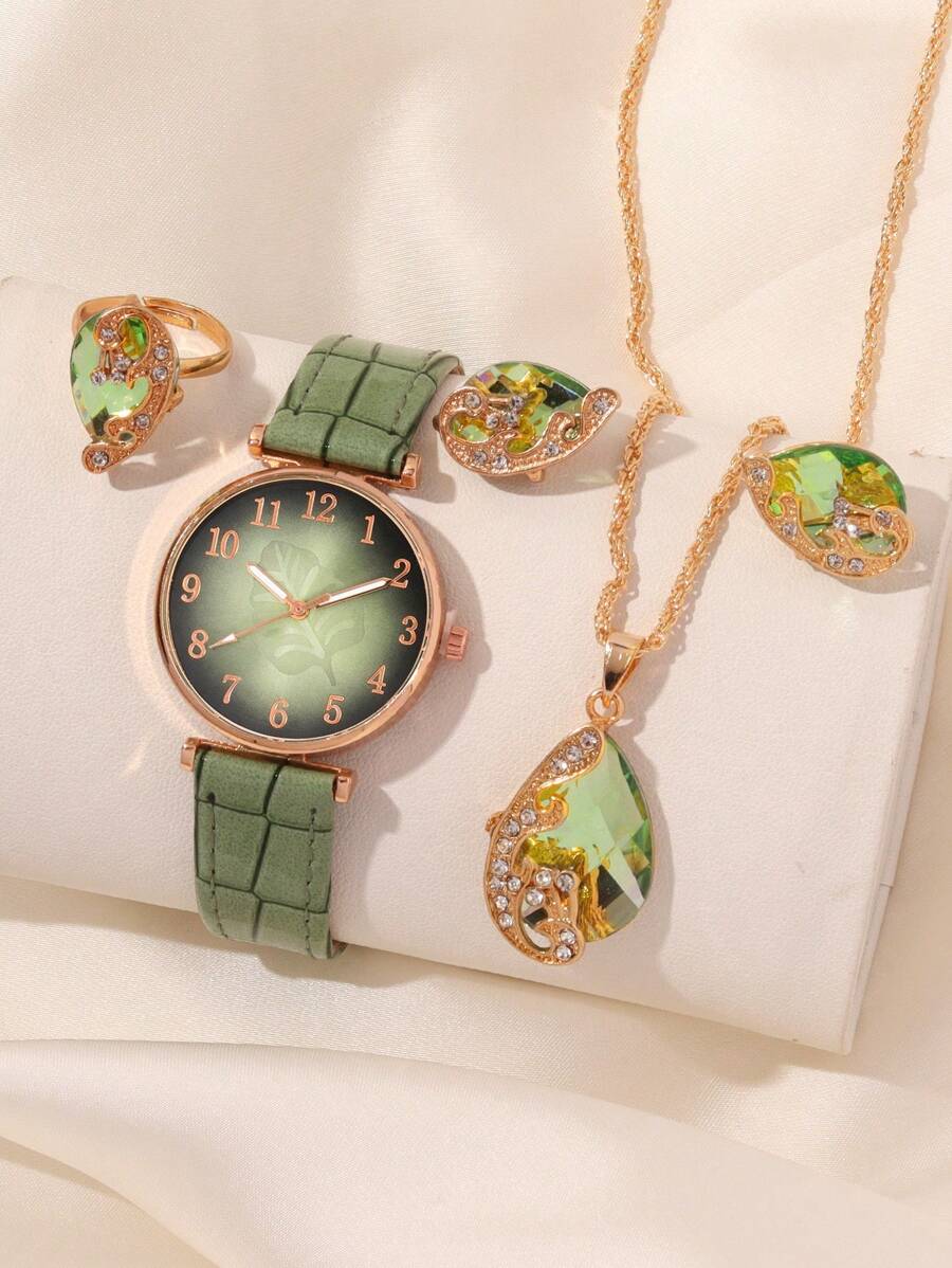Conjunto de 5 piezas que incluye: Reloj de mujer con dial digital circular de moda y personalizado, reloj de cuarzo de PU versátil, acompañado de colgante en forma de gota de agua, pendientes y anillo. Ideal para festivales, fiestas, parejas y uso diario. El mejor regalo para mujeres.