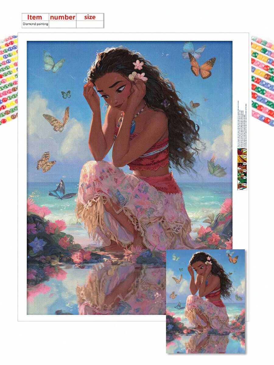 Disney 5D Diamant-Malset, Schmetterling umgebener Prinzessin Moana Cartoon Muster, handgemachtes Leinwandbild, DIY Mosaik-Stickerei Handwerkskunst, Heim-Wanddekoration, Geschenke