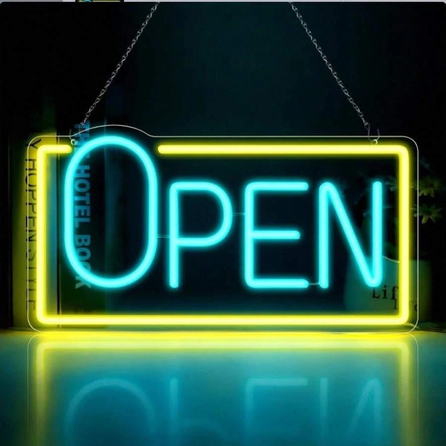 Enseigne Néon LED Ouverte pour Entreprise, Enseigne Murale en Plastique pour Entrée avec Interrupteur, Alimentée par USB, Lumière Néon Bleu Glacé et Jaune Non Réglable