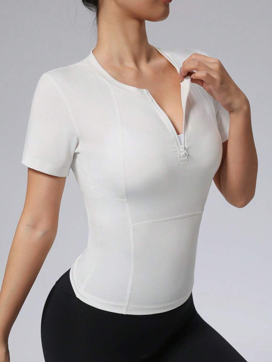 Camiseta deportiva para mujer con cremallera delantera, camiseta ajustada y elástica para fitness, yoga y running de manga corta