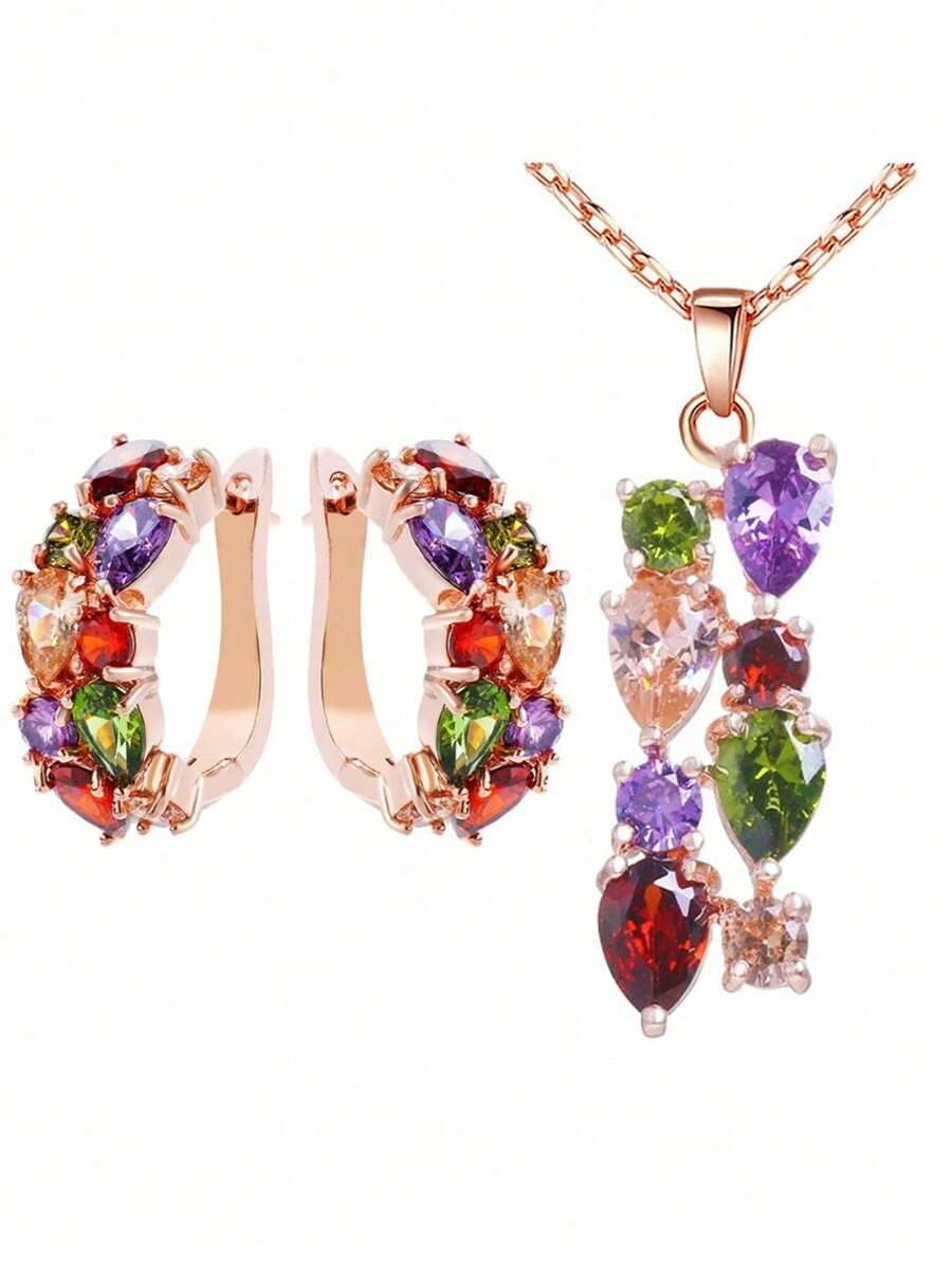 Set de 3 piezas de Juego de joyas de mujer con aretes colgantes y collar con circonita cúbica de colores de moda para bodas, festivales, aniversarios y fiestas