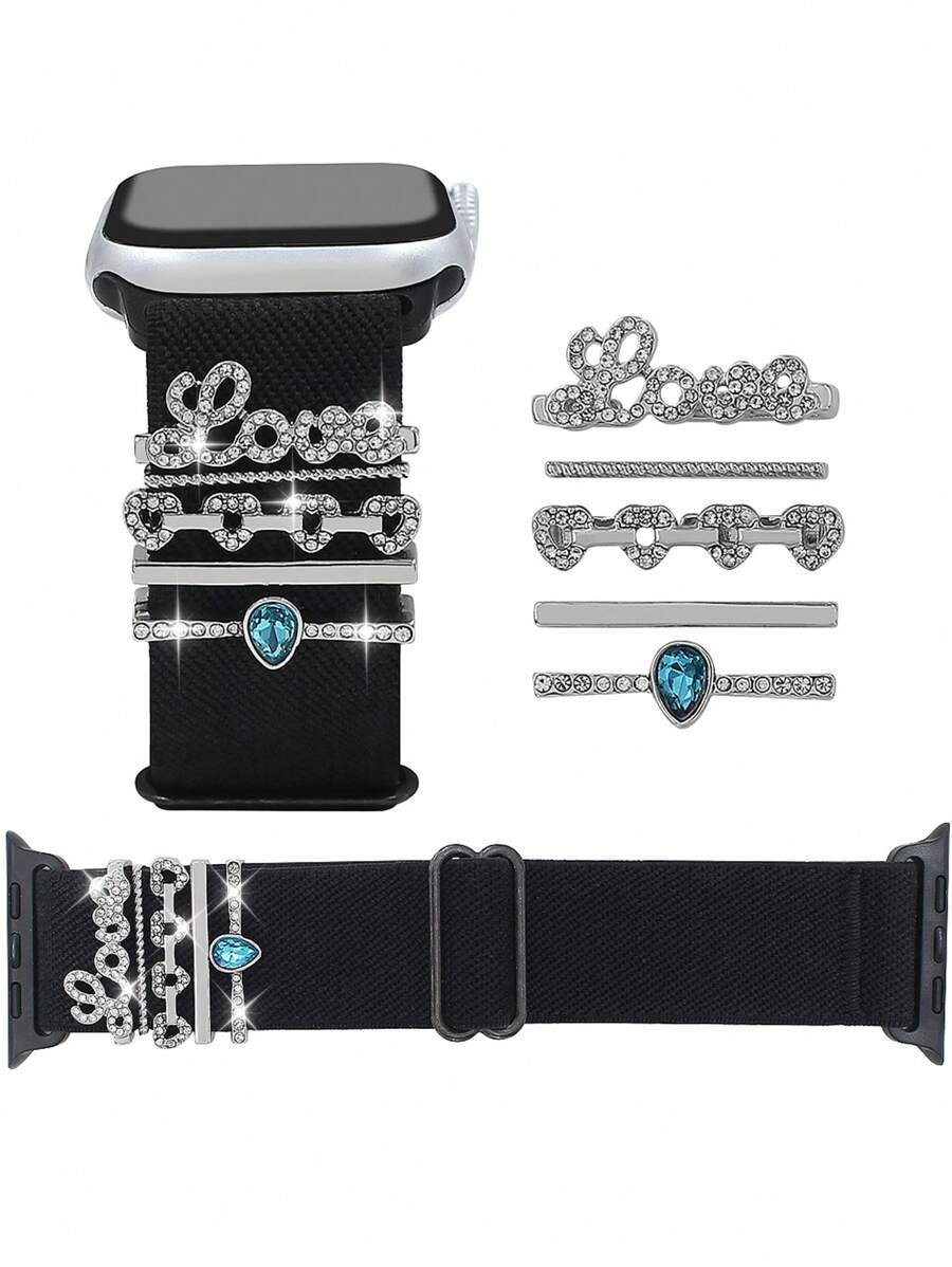5 paquetes de anillos decorativos compatibles con la correa de silicona para , tallas 49mm, 45mm, 38mm, 40mm, 41mm, 42mm, 44mm + 1 pieza de correa elástica de nailon compatible con de 38mm, 40mm, 41mm, 42mm, 44mm, 49mm, correa ajustable y suave elástica compatible con SE, Ultra, Series 9/8/7/6/5/4/3/2/1