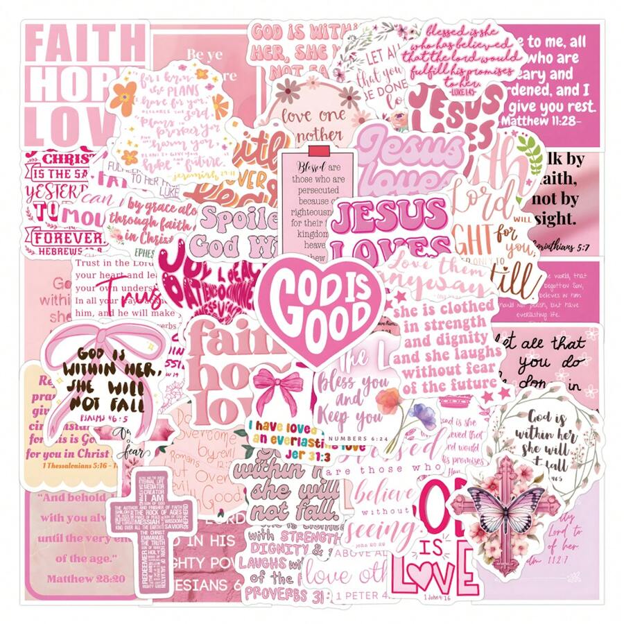 51pcs Pink Bible Inspirational Quotes Graffiti Stickers, Wholesale For Luggage, Water Bottle, Car School Supplies, Back To School