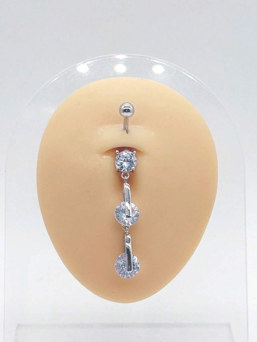 1 Pc Fashionable Silver Stainless Steel Pendant With Round Zirconia Navel Stud For Women Daily Wear