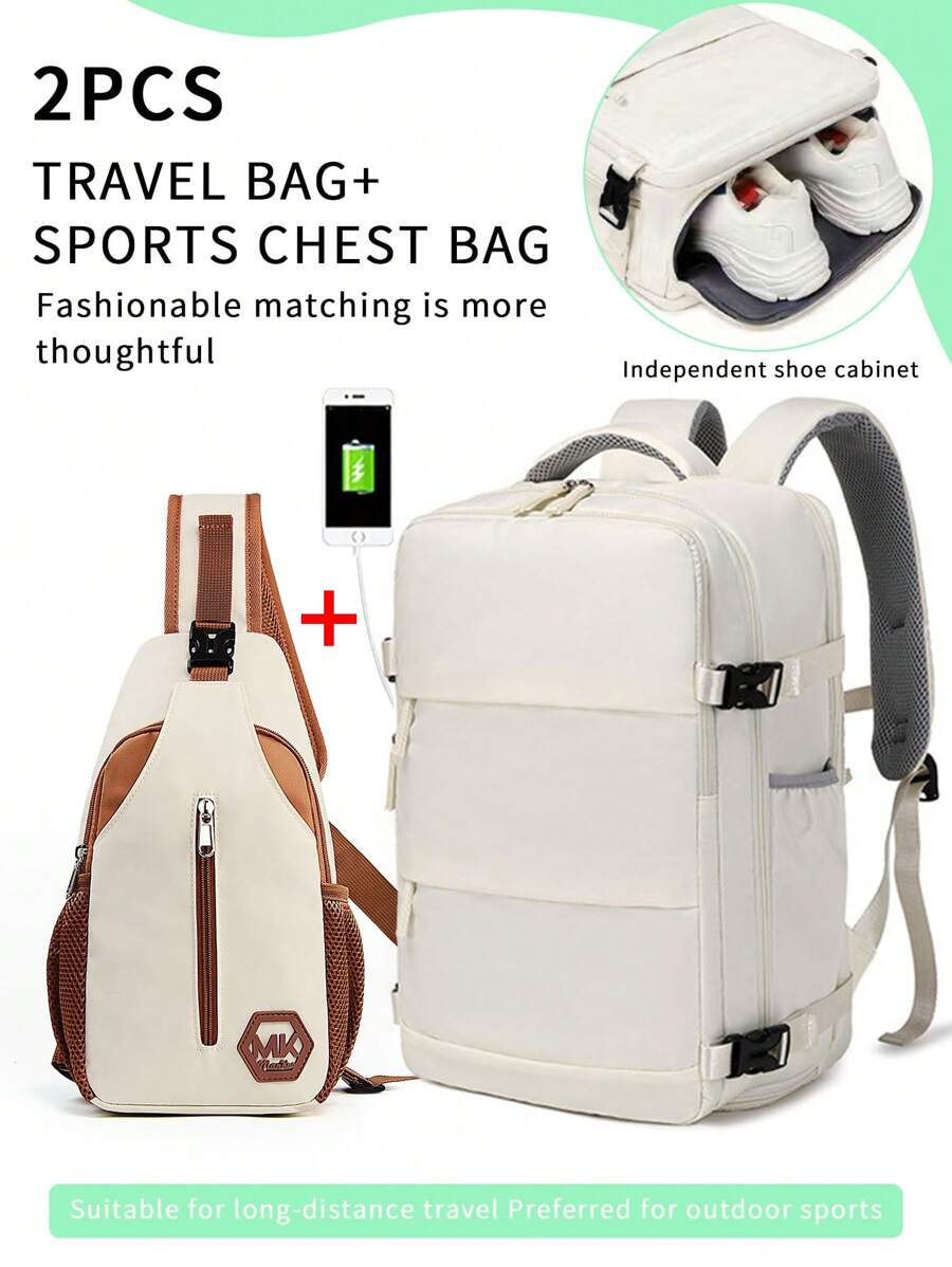2Pcs Backpack & Chest Bag Set, Large Capacity Summer Travel Bags With Multiple Compartments For Storing Shoes, Versatile Suitable For Business Trip, Travel, Camping, Laptop Bag, High Cost-Performance Nylon Minimalist Backpack Cabin Carry On Bag, Airline Approved Travel Essentials