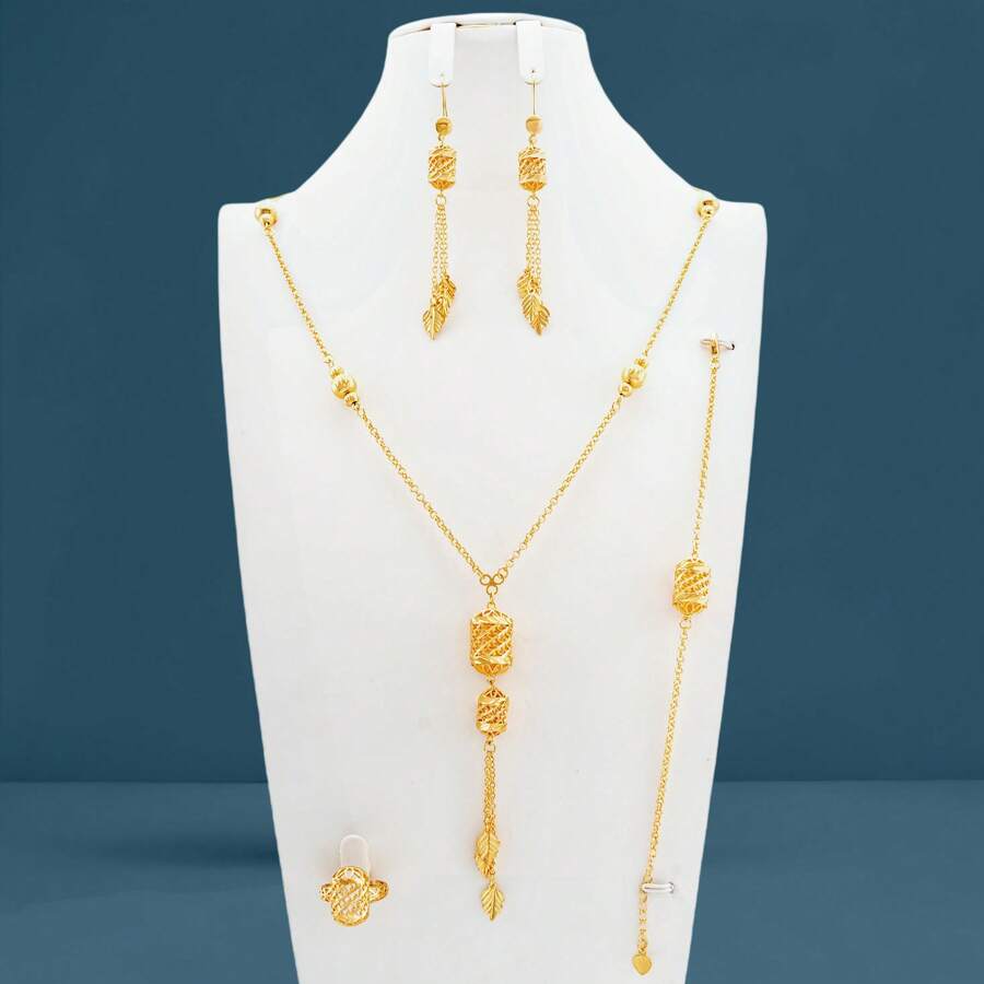 Conjunto de 5 elegantes colares e brincos com pingentes de flores e frutas banhados a ouro 18K, à prova d'água e resistente ao desbotamento, estilo Dubai, adequado para casamento, festa, uso diário, presente para mulheres