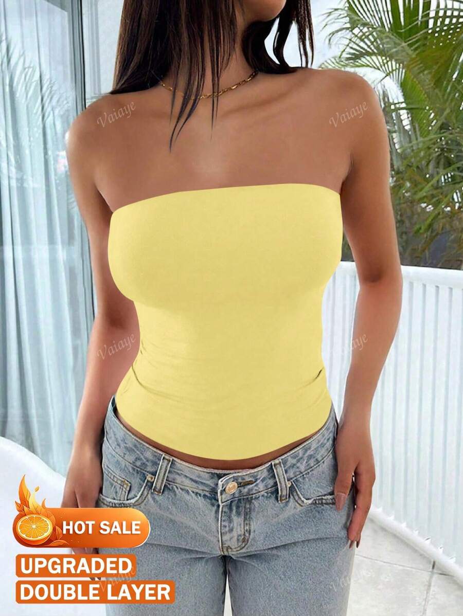 Camiseta sin tirantes básica de ajuste elástico y ceñido de color amarillo mantequilla para uso en todas las estaciones, diseño de moda de verano para el 4 de julio