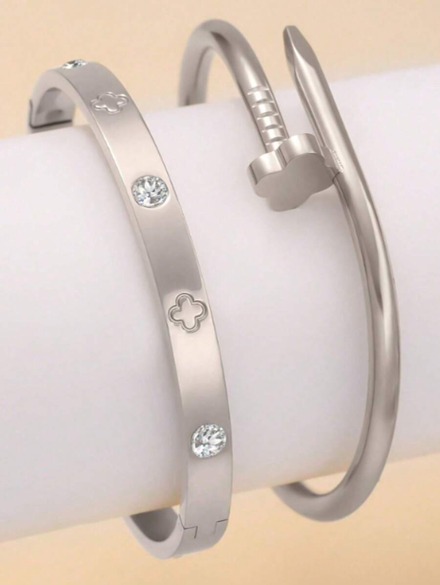 Pulsera de acero inoxidable plateado de estilo elegante decorada con flores de circonita, adecuada para el uso diario de las mujeres