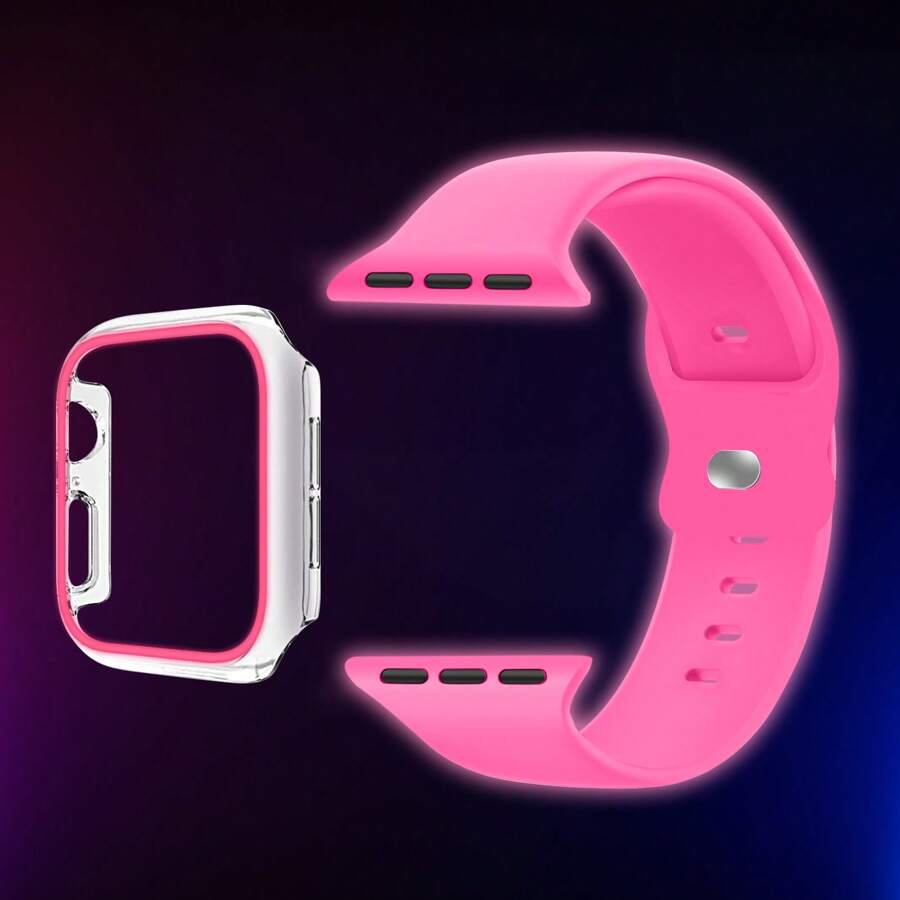 Lot de 2 coques rigides antichoc lumineuses en polycarbonate sans protection d'écran, cadre de protection anti-rayures et bracelet sport en silicone noctilucent compatible avec Apple Watch (40 mm, 38 mm, 41 mm, 42 mm, 44 mm, 45 mm, 46 mm, 49 mm), bracelet souple et étanche pour Apple Watch Series 10, 9, 8, 7, 6, 5, 4, 3, 2, 1, SE