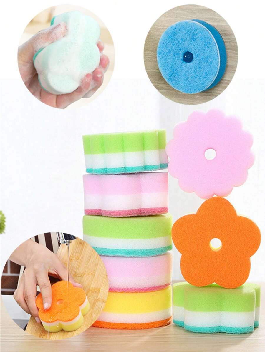 5/3pcs Flower-Shaped Dish Washing Sponges, Scrubbing Pads, Colorful Sponge Brushes For Dishes, Cookware, Glassware, Kitchen Cleaning Tools