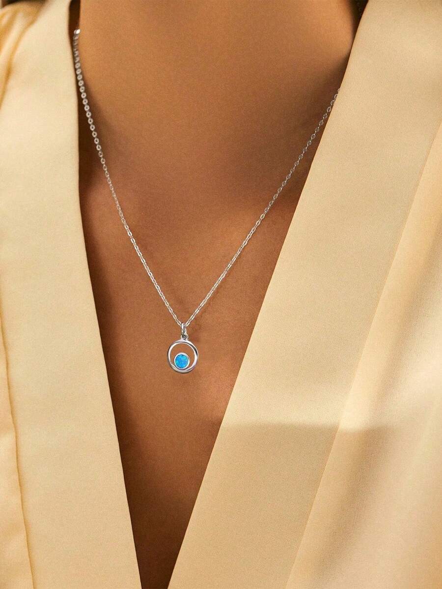 1pc 925 Sterling Silver Minimalist Personalized Opal Concentric Circle Pendant Necklace, Gifts For Girlfriend Or Best Friend, Daily Wear Jewelry Gift