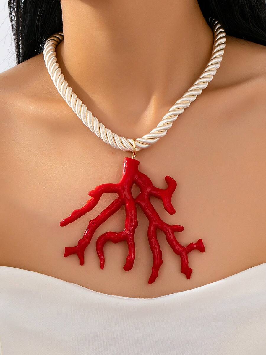1 Stück Sommer Ozean Strand Stil Korallen Anhänger Halskette, klobige Seil Kordel Halskette, rote Korallen Halskette Schmuck für Frauen, geeignet für Strand, Reisen, Urlaub