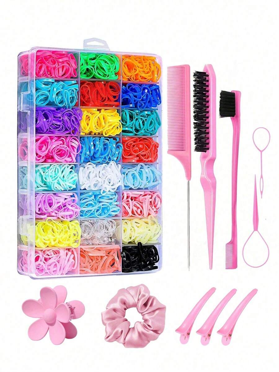 11pcs Hair Elastic Styling Set, 24-Slot Storage Box, Colorful Hair Ties, Candy-Colored Braiding Bands, Hair Rings (2000 Pieces), Combing Brush, Mouse Tail Comb, Side Comb, French Braiding Tools, Flower Hair Clips, Pink Multi-Functional Hair Ring, Crocodile Clips, Multi-Color Rubber Bands And Hair Accessories Set, Styling Tools And Hairstyle Accessories