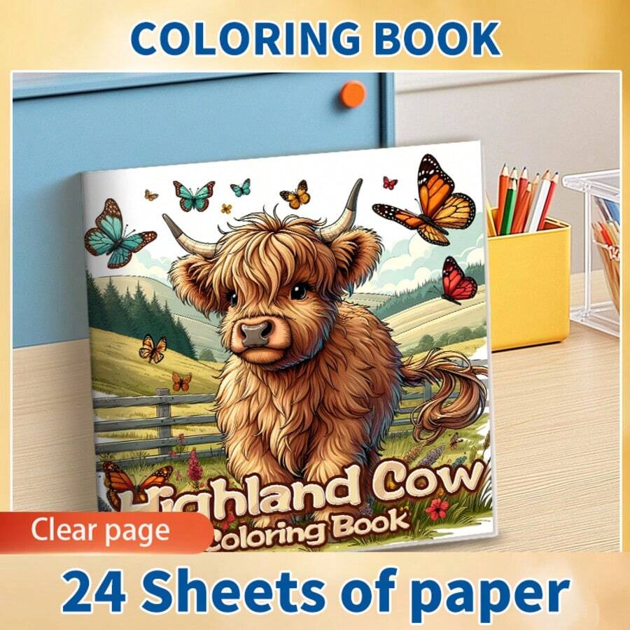 1 pezzo Libro da colorare con mucca delle Highland, 24 disegni monosoggetto, 20x20 cm, carta spessa e liscia, per rilassamento e sollievo dallo stress, regalo ideale per compleanni, feste, rientro a scuola, forniture scolastiche