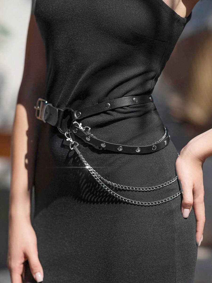 Adjustable Women's Waist Belt With Chest Decor, PU Leather With Metal Chain, Sexy Style Accessories