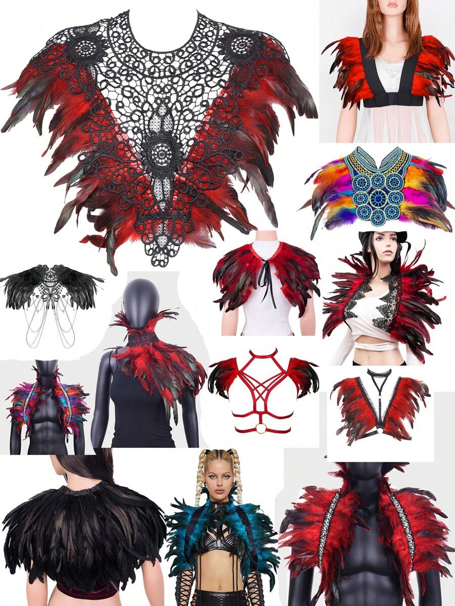 Festliches Federschal-Top, Schal-Cape, Accessoires zum Anziehen Federn-Körpergeschirr für Frauen Tops Cape Schal Schulterschal Punk Gothic Rave Dance Festival Kragen mit Manschetten Schulter Abzeichen Anziehsachen Künstliche Federn