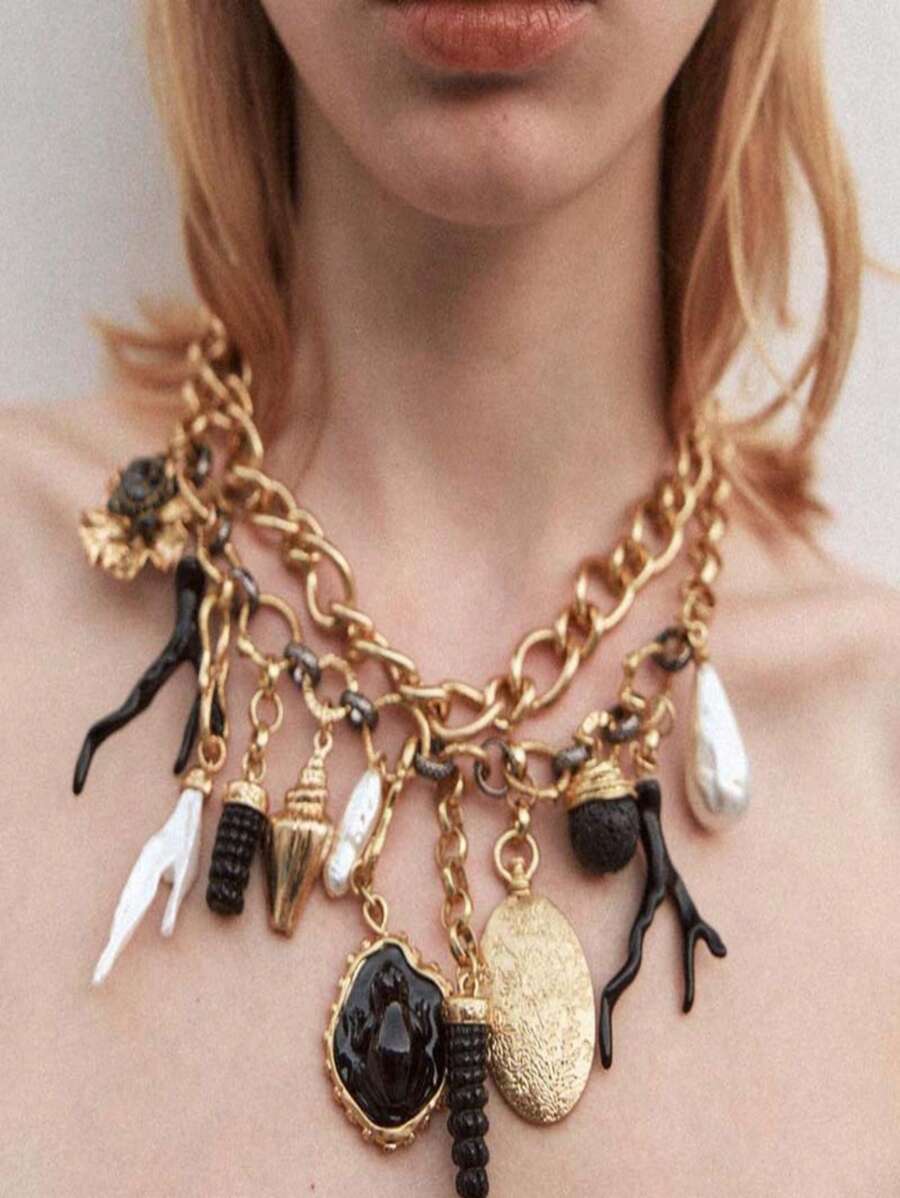 1 Set Collar multicapa con elementos de imitación de perla, cuerno, concha, tortuga marina, rana, diseñado para mujeres elegantes y de moda, adecuado para regalos, viajes y uso diario
