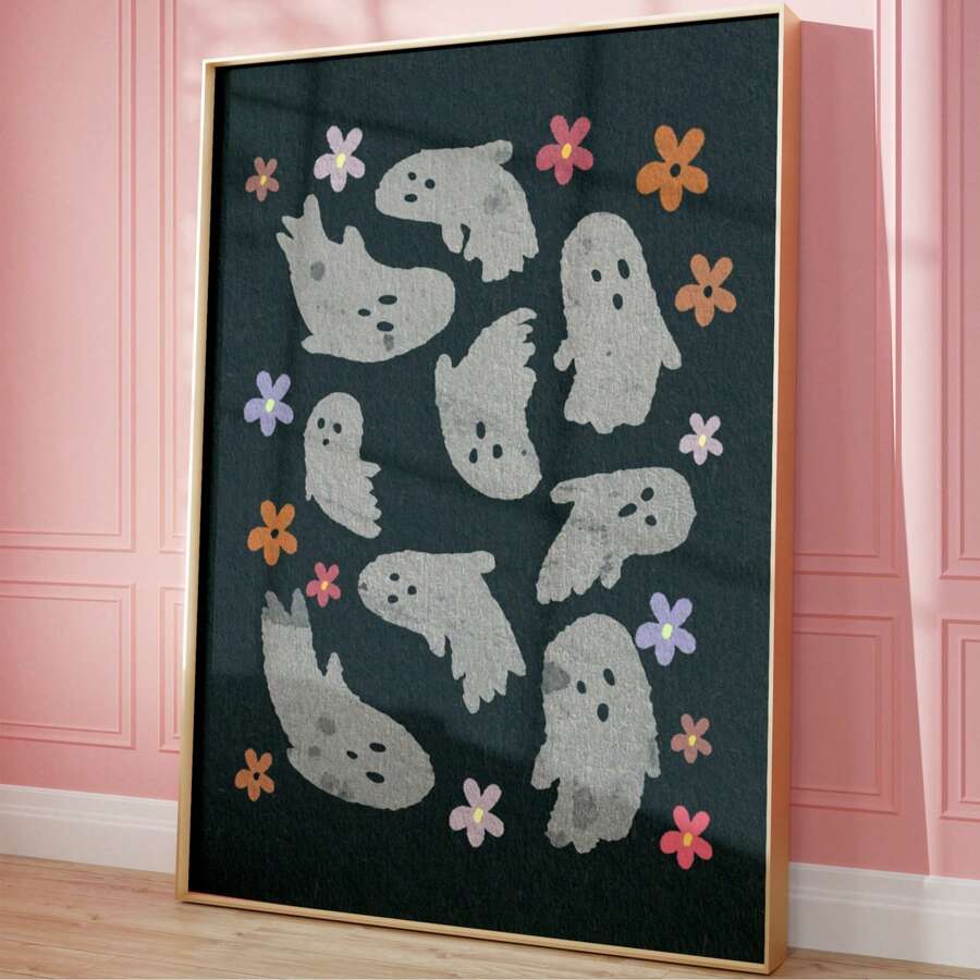 Cute Ghost Print Fall Decor Ghost Wall Arts Ghost Painting Halloween Posters Print Spooky Wall Art Black And White, Optional Frame Home Decor Halloween Decor Room Decor