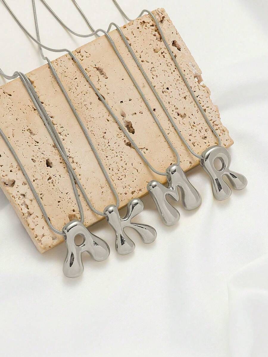 Stainless Steel Copper Chunky Alphabet Balloon Bubble Initial Letter Pendant Necklace For Women Jewelry