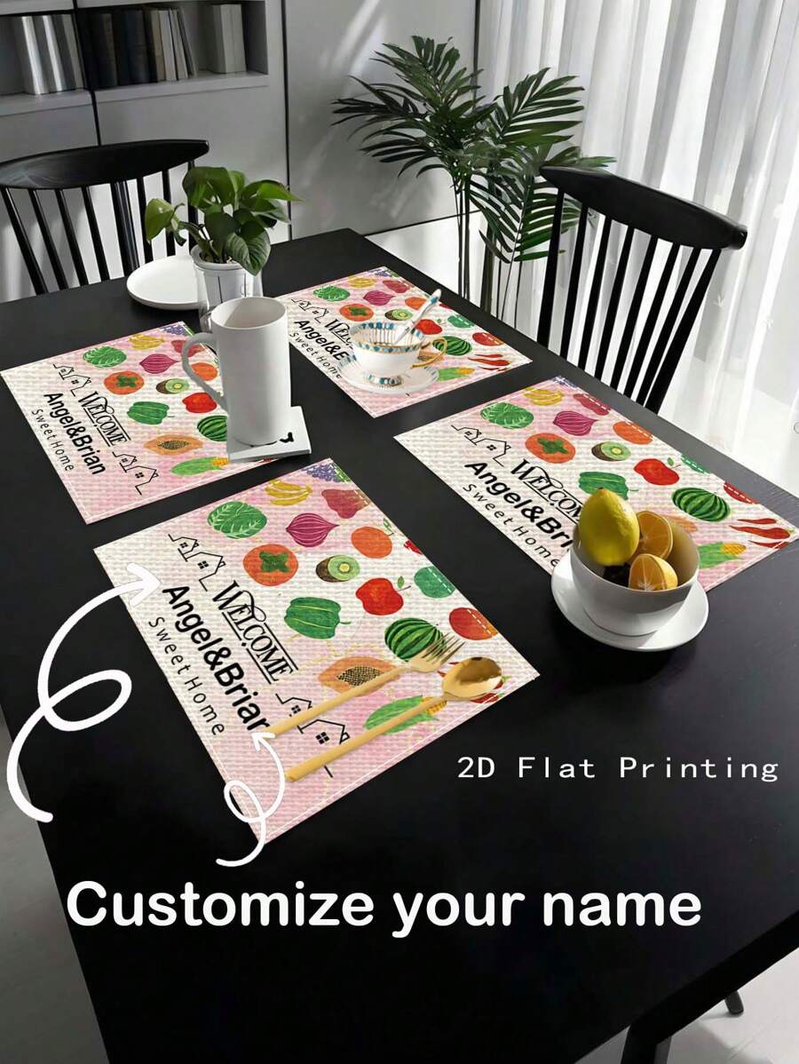 1pc Customizable Vegetable & Fruit Print Linen Placemat, Non-Slip Heatproof For Kitchen, Dining Table Decor, Suitable As Housewarming Gift For Friends