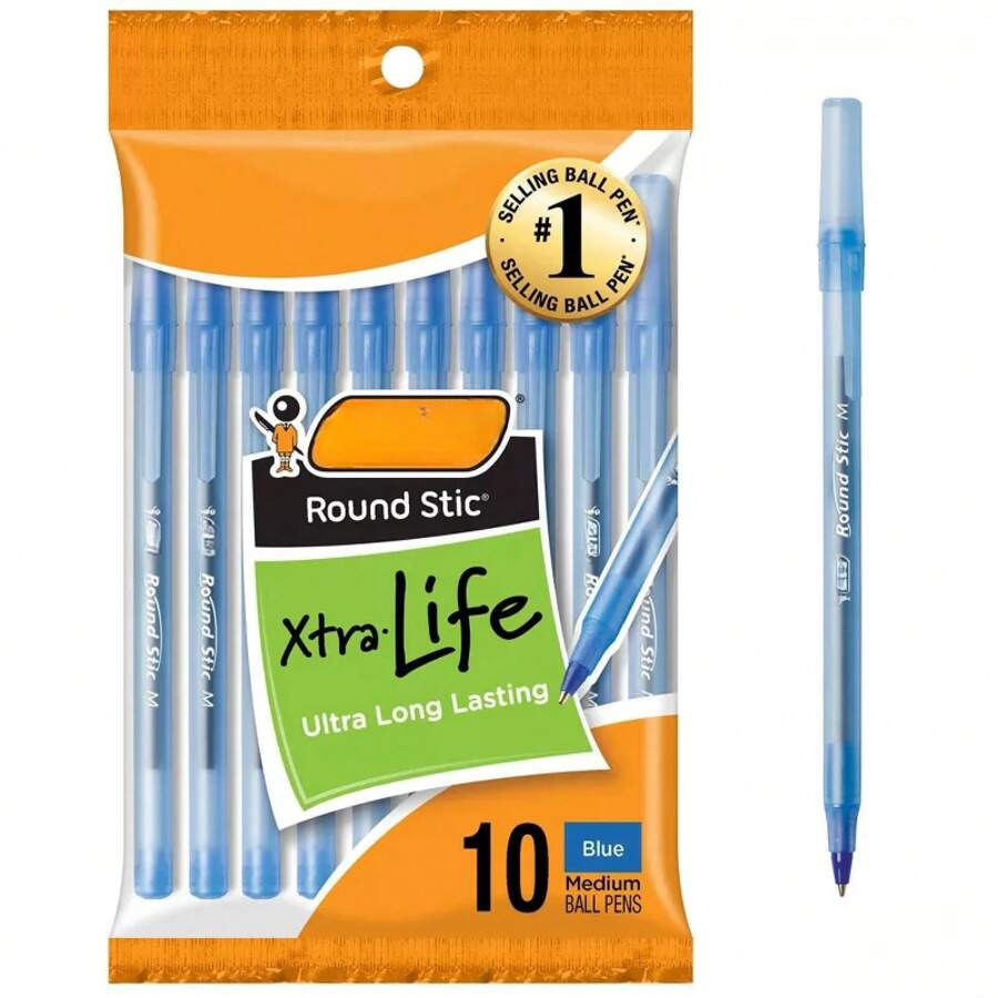 ETGWS Xtra Life Ballpoint Pens, Medium Tip, 10ct - Blue: School Supplies, 1.0mm, Pocket Clip, Stationery, Office Essentials