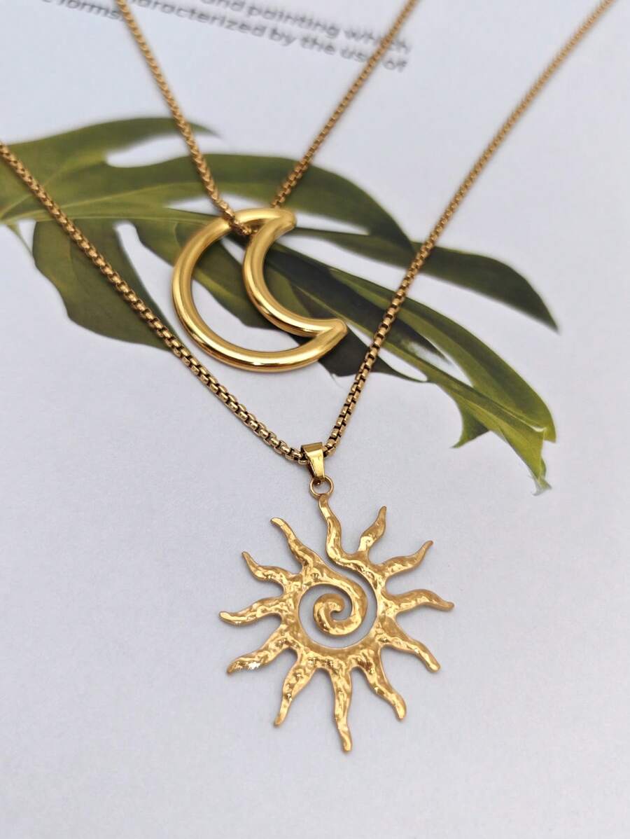 2pcs/Set Summer Beach Boho Vintage Personalized Fashion Sun & Moon Pendant Necklaces, Niche Design Elegant Long Chain Necklace For Women, Adjustable For Daily, Holiday, Party Wear
