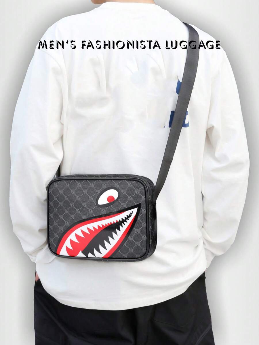 Fashionable Men's Casual Plaid One Shoulder Sports Messenger Bag, Stylish Square Messenger Bag For Men, Unique Shark Mouth Design Luxury Men's Small Bag, Men's Messenger Bag For Sports, Travel, Holidays, Retro