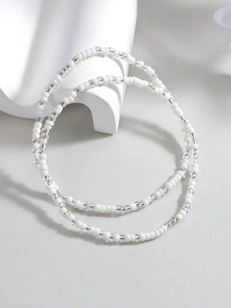 2pcs Bohemian Beach Vacation Style Minimalist Fashion Daily Casual White & Transparent Pearl Beaded Women Layered Anklets