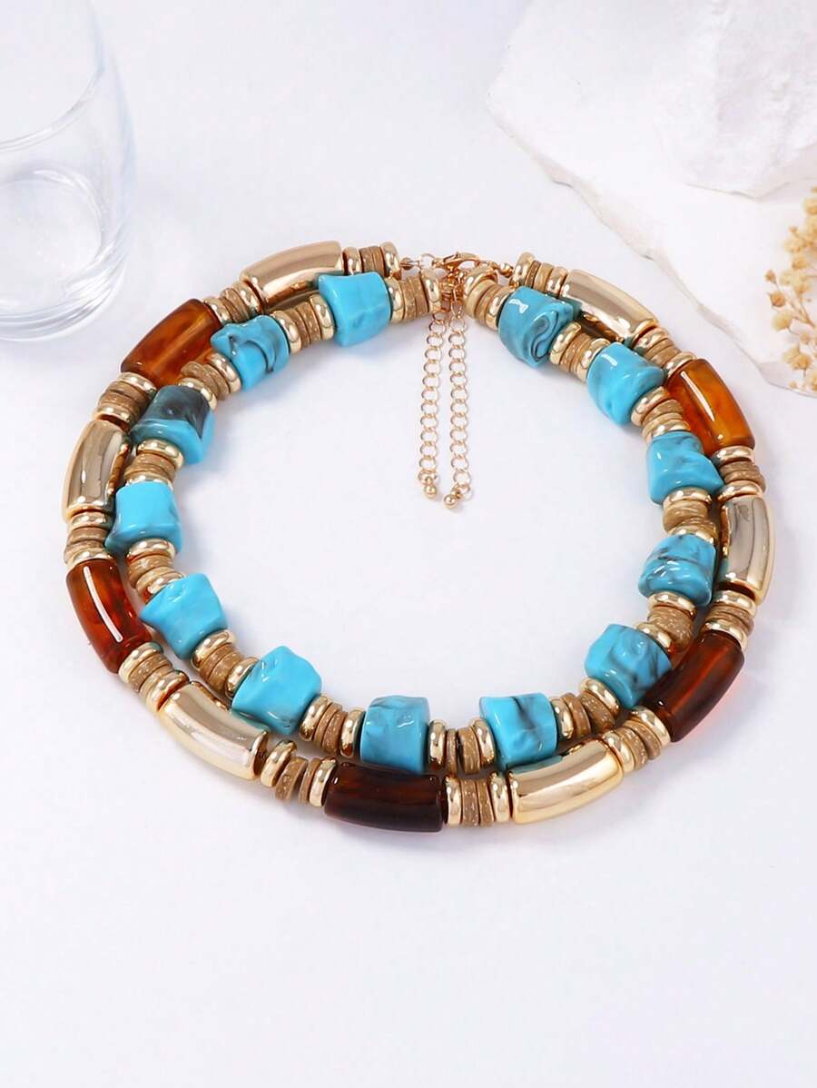 1 pieza Collar de doble capa de segmentos de bambú vintage exagerado personalizado, accesorio de joyería de uso diario casual para mujeres