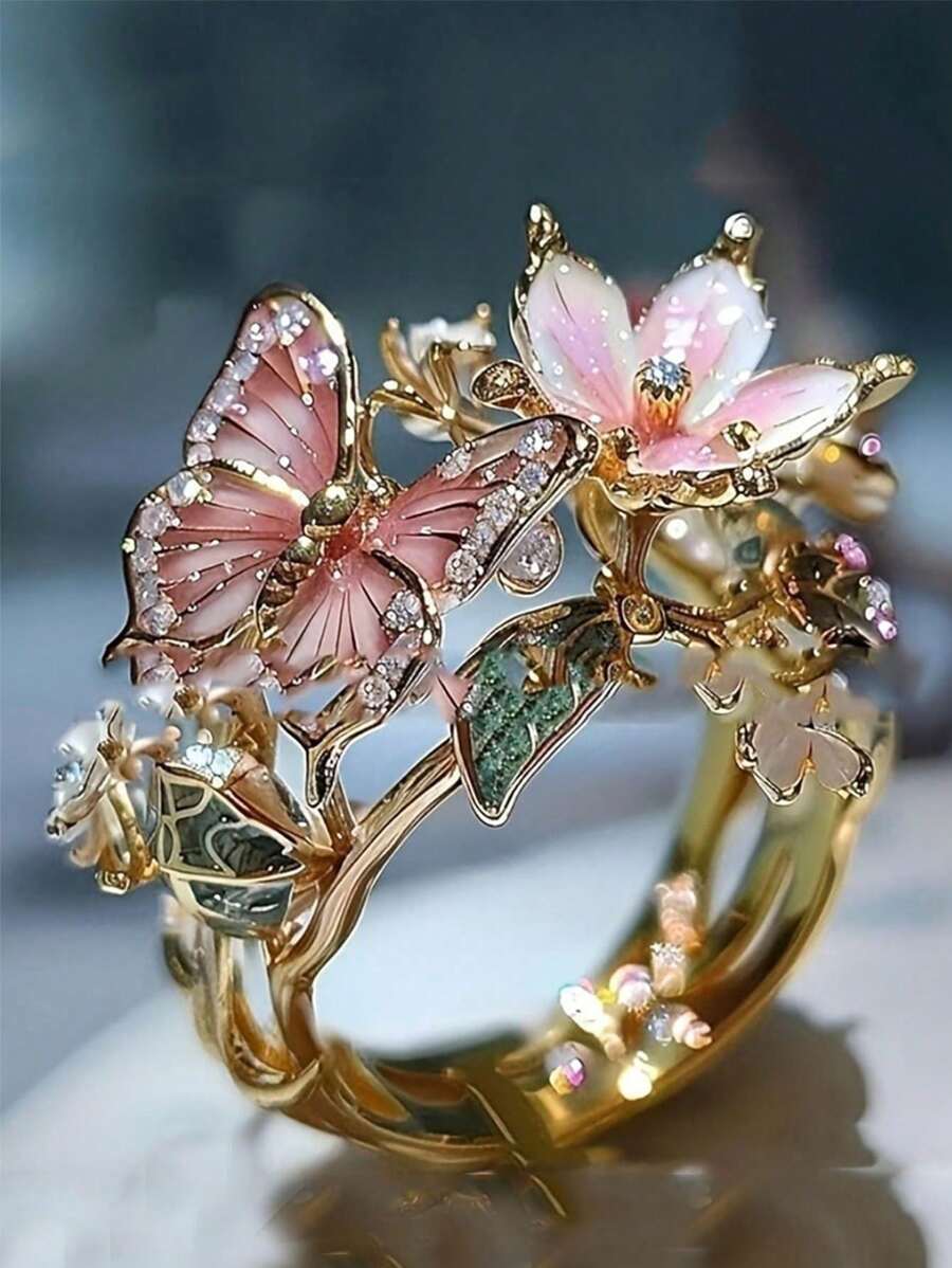 1 Stück eleganter, schimmernder Schmetterlings-Blumen-Tropf-Ring in Pink für Frauen