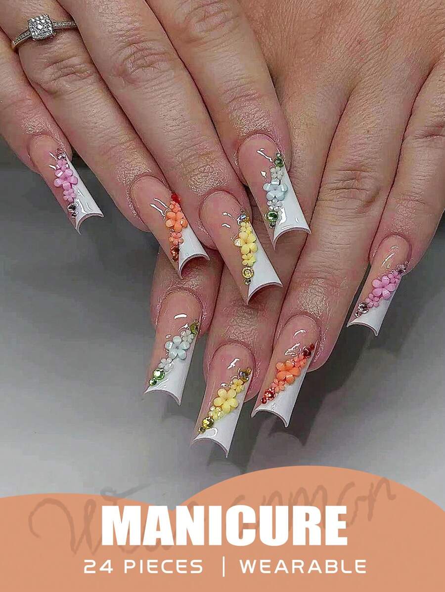 24pcs Long Square French Press On Nails | 3D Colorful Floral & Rhinestone Design | Sparkling Gem Full Cover Set Glue & File | Elegant False Nails For Women Daily Party