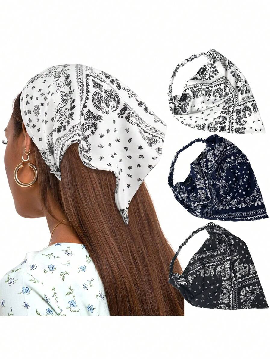 3pcs/Set Women Classic Cashew Flower Design Headband, Scarf In White, Navy Blue, Black, Cute & Sweet, Suitable For Daily Matching Hair Accessories