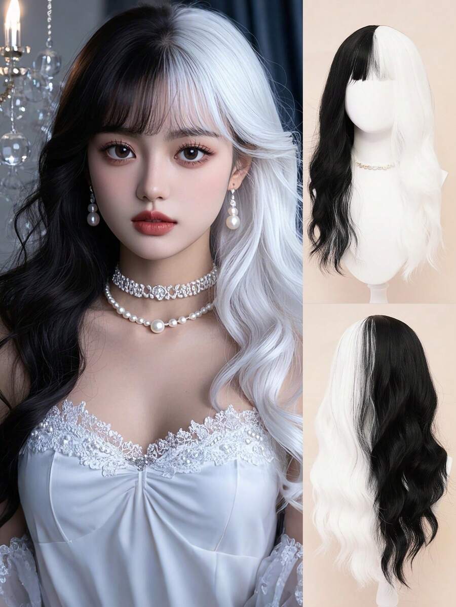 XYUNMI Cosplay Black And White Long Curly Wave Wig 26 Inch With Bangs Easy To Comb And Care Fashion Long Wig Lightweight Breathable Synthetic Heat Resistant Fiber Wig For Women Daily Wear Date Party Cosplay Halloween Lolita Long Curly Wig For All Races