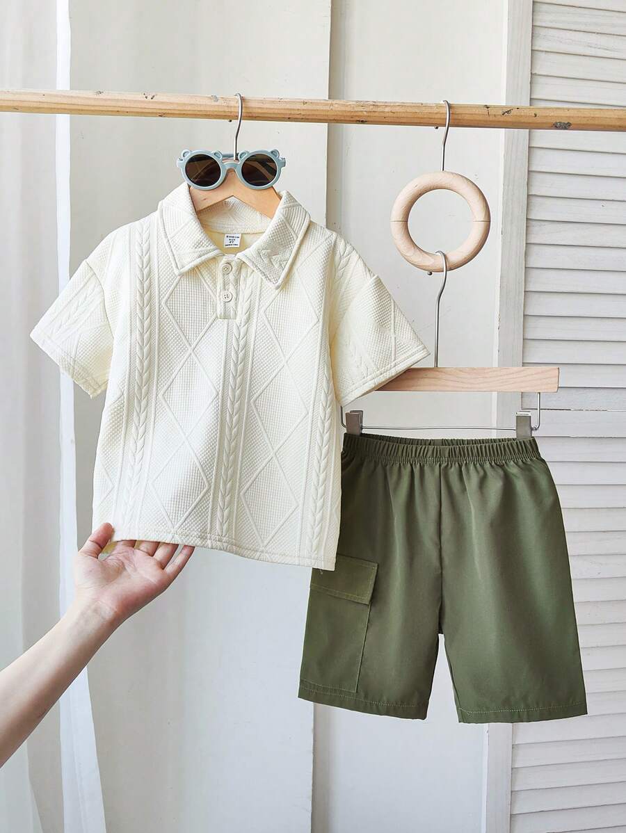 2 Pieces Boys' Preppy Style Outfit Diamond Jacquard Polo Shirt + Elastic Waist Shorts With Pockets Perfect For School Days Weekend Outings Playdates Family Gatherings
