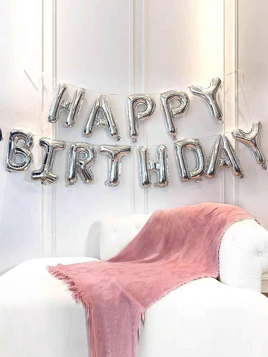 Conjunto de Letras de Feliz Aniversário em Inglês Prateadas, 13 peças/Conjunto, 41cm (16 polegadas)