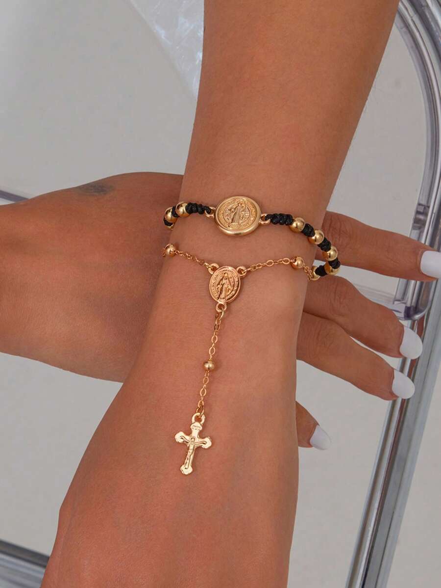 Set van 2 stuks modieuze hiphop vintage metalen kruis kwast armband, munt ketting decoratie handaccessoires, geschikt als cadeau, dagelijks gebruik, feestjes