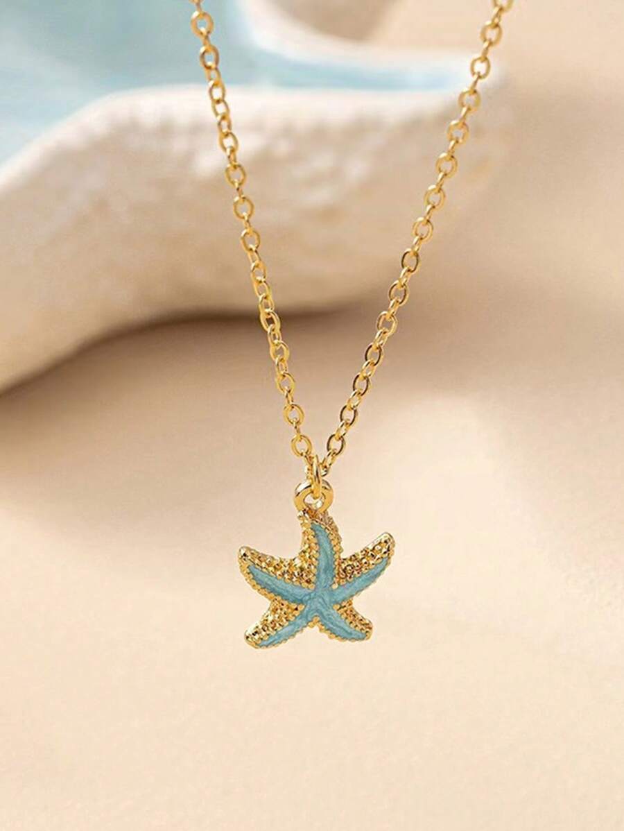 Conjunto de Joias Femininas: Colar com Pingente em Forma de Estrela-do-mar e Brincos, Joias de Praia/Oceano de Estilo Versátil e da Moda