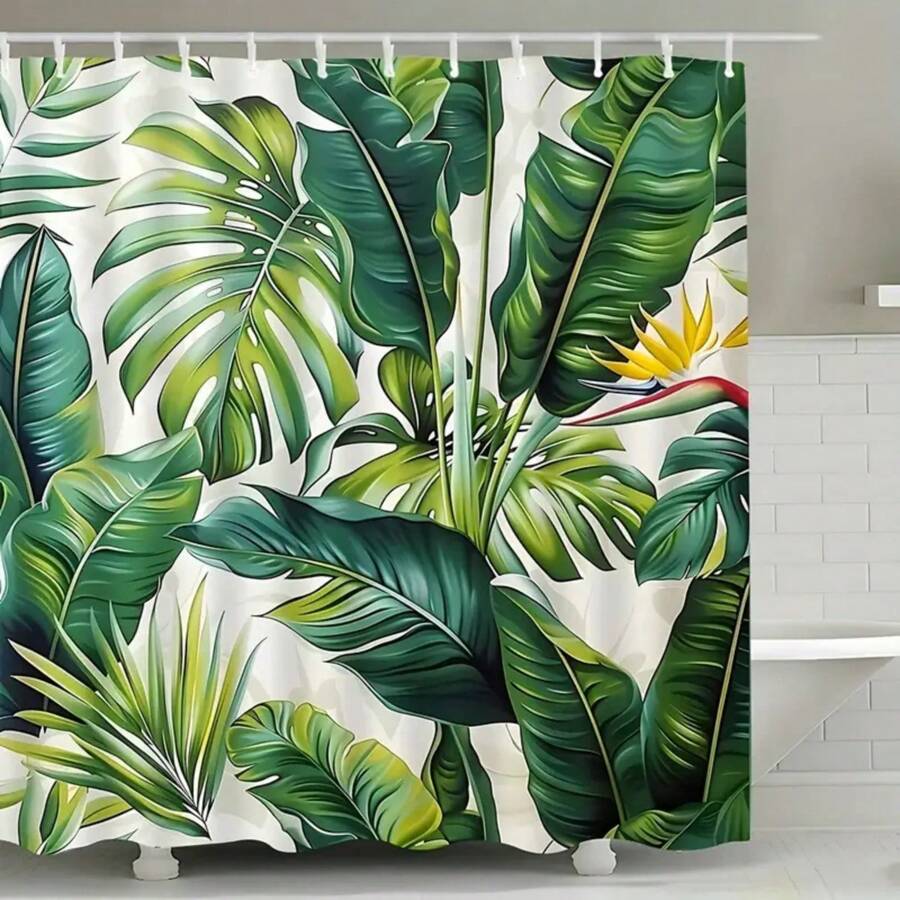 1 Stück Tropischer Regenwald Bananenblätter & Blumen Duschvorhang, lichtundurchlässiger Polyesterstoff mit Haken, für Fenster und Wände, Badewanne Badezimmer Zuhause Dekoration Duschvorhang, universell ganzjährig und Schulanfang