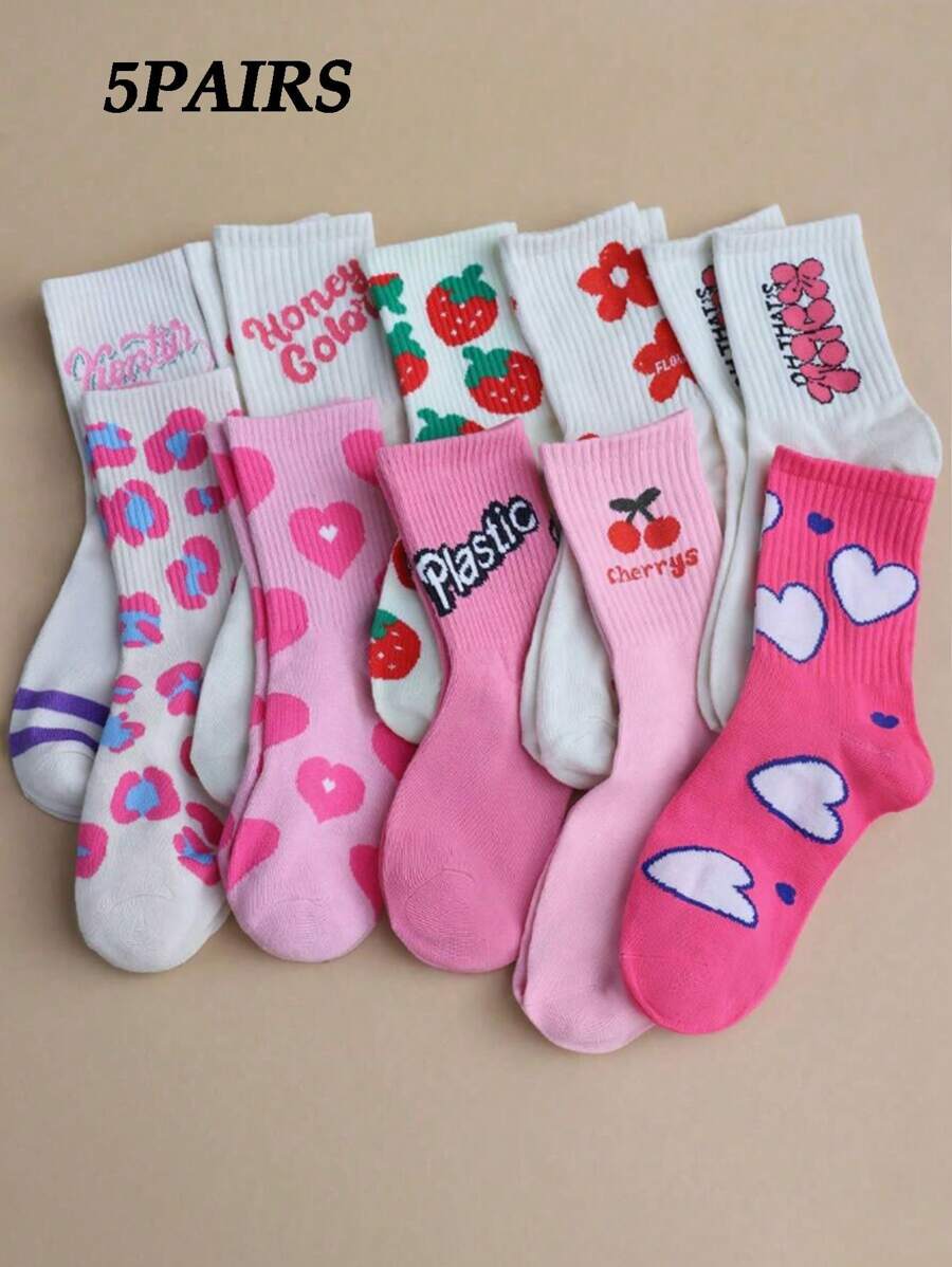 5 Pares Aleatórios de Meias Tripulação Fashionistas Respiráveis para Mulheres com Estampas de Coração e Morango, Adequadas para Primavera, Outono e Inverno