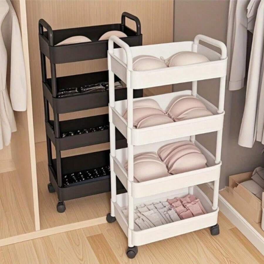 3/4 Floor Storage Cart With 360° Rotating Wheels - Multi-Functional Kitchen, Living Room And Bedroom Organizing Rack - Suitable For Storing Snacks, Books And Sundries - Durable Plastic, Available In Black/White, Practical Storage Cart For Living Room