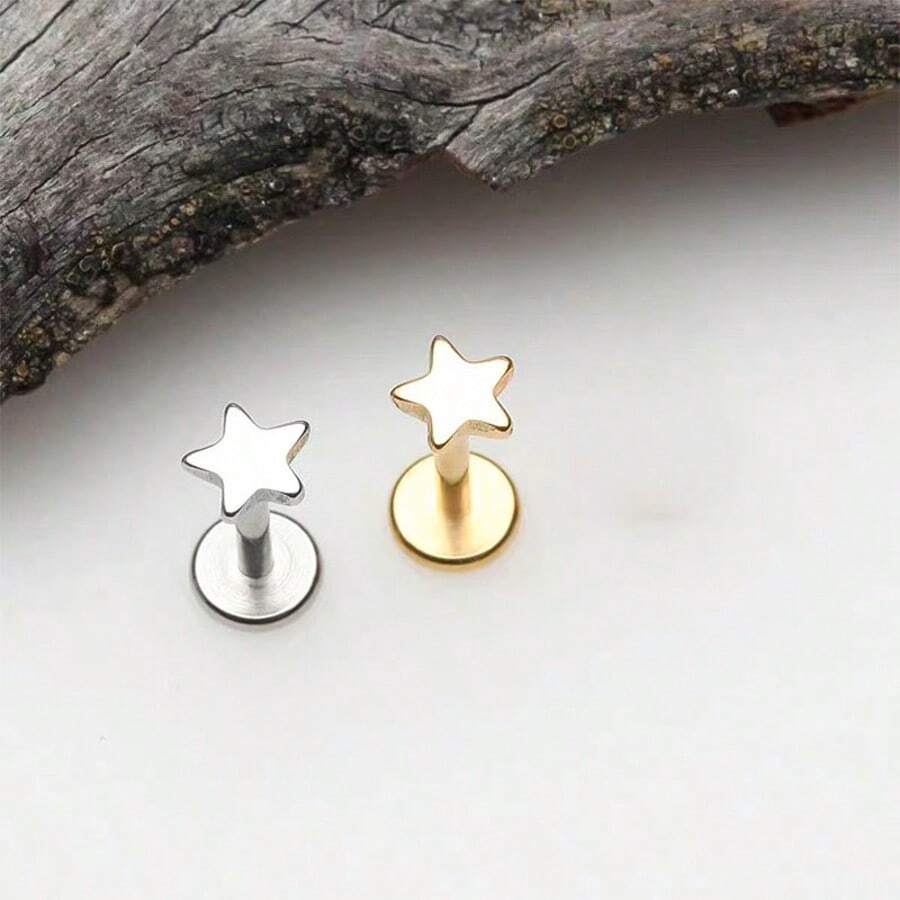 2pcs/Set High-End Sweet Star Internally Threaded Stud Earrings, 316L Stainless Steel Hypoallergenic Ear Piercing, Nose/Lip Stud