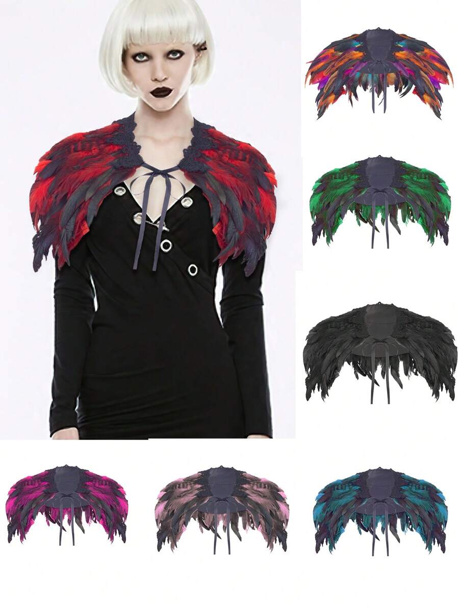 Châle de femmes en plumes artificielles, cape, col en dentelle, costumes de sorcière pour Halloween et carnaval
